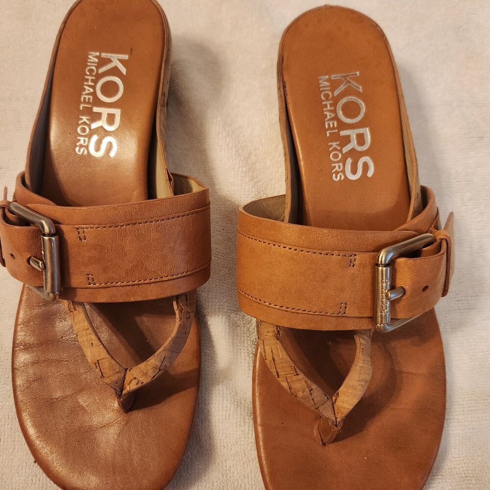 Michael Kors Tan Leather Buckle Thong Sandals